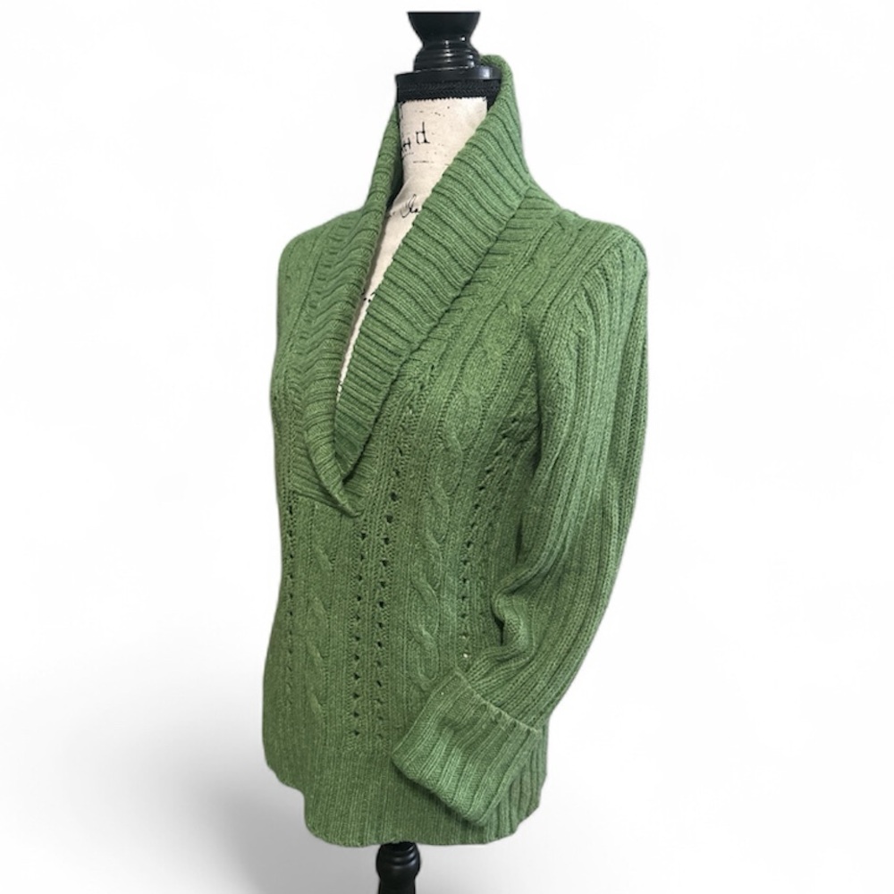 Old Navy Green Lamb & Angora Wool Cableknit Sweater Shawl Collar Preppy Womens L